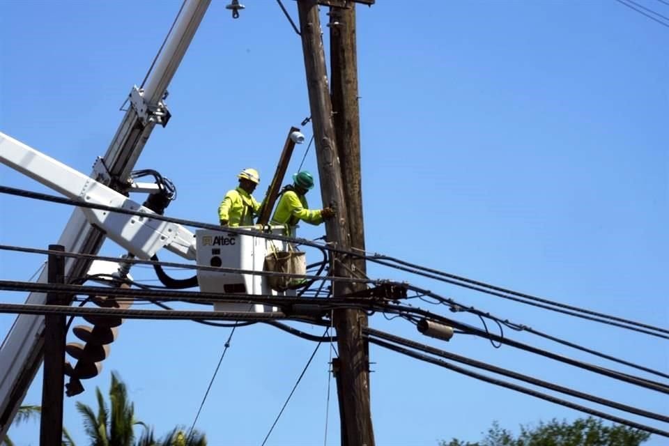 Personas trabajan en postes eléctricos en Lahaina, Hawái, luego de un mortífero incendio forestal que causó daños en la localidad.