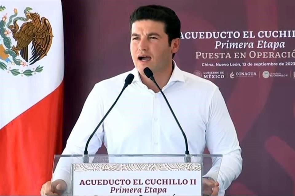 Samuel García. Gobernador de NL, durante su discurso en el evento del Acueducto Cuchillo 2.