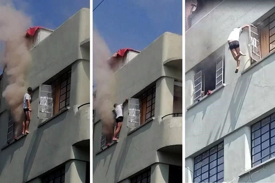 En un video se ve que, ante la angustia de estar atrapado en un incendio, el joven trató de saltar a la ventana contigua.