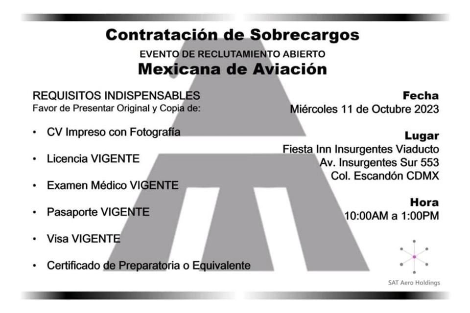 Petrus Aero Holdings dio a conocer que el proceso de reclutamiento se efectuará en el hotel Fiesta Inn de Insurgentes 553, en la Escandón.