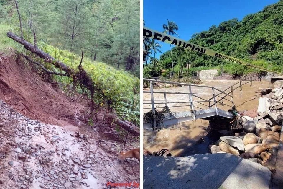 A la izquierda, un camino destruido en Tecpan, Guerrero, a la derecha, un puente derrumbado en Bahía de Balderas, Nayarit.