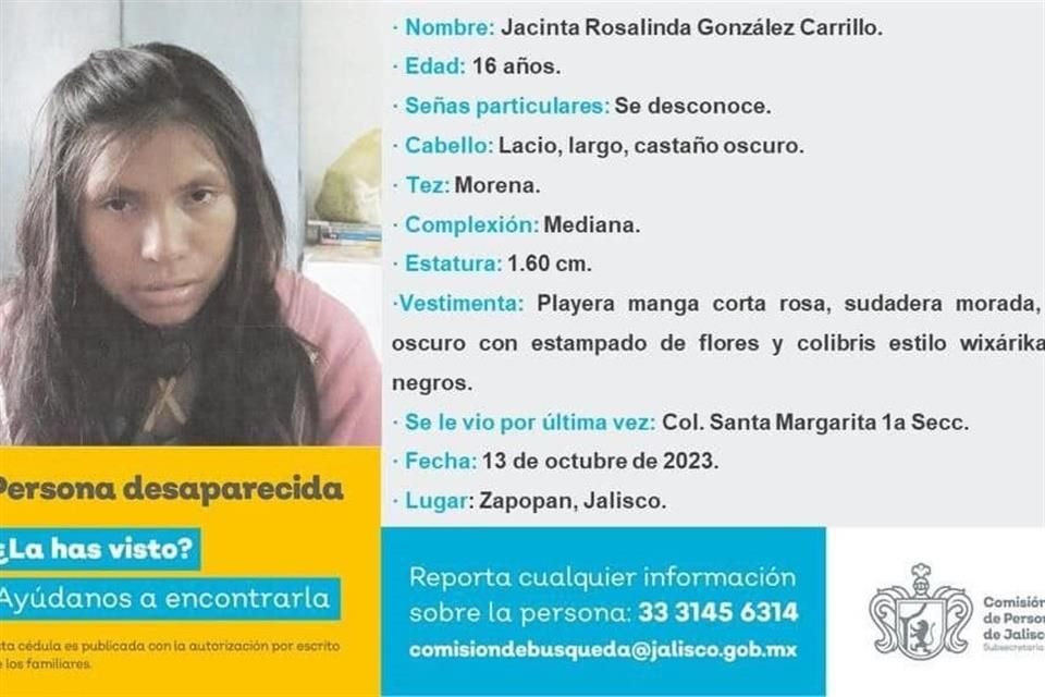 Jacinta Rosalinda González Carrillo, menor de edad de la comunidad Wixárika desaparecida el 13 de octubre en Zapopan.