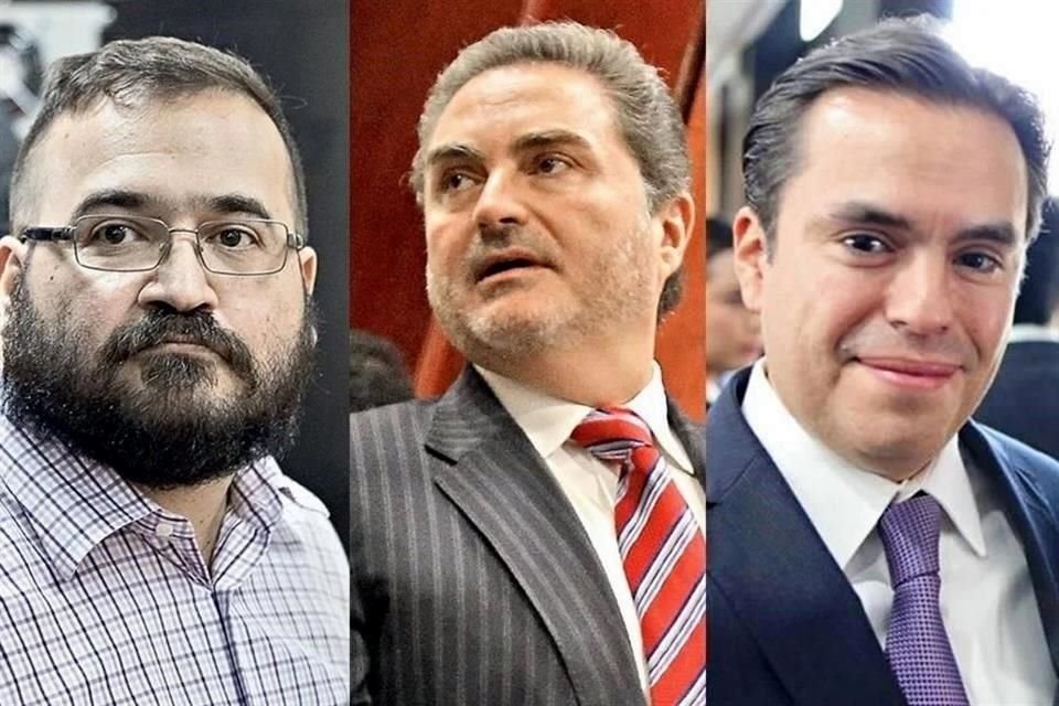 El ex Gobernador veracruzano Duarte (izquierda), el ex Secretario de Finanzas Tomás Ruiz (en medio) y el también ex titular de Finanzas Fernando Charleston (derecha).