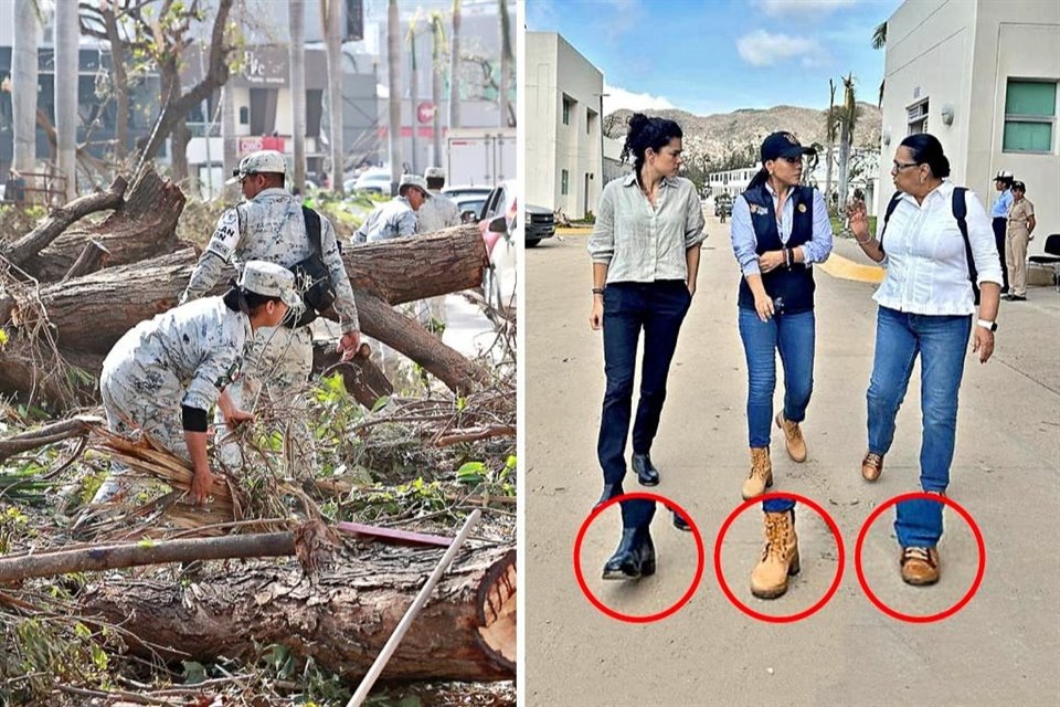 Mientras mujeres del Ejército removían escombros en Acapulco, funcionarias presumieron fotos supervisando actividades donde se les ve con botas limpias.