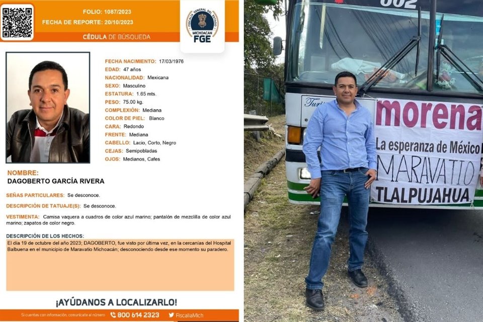 Dagoberto García, líder de Morena en Michoacán, fue hallado muerto, según autoridades estatales; estaba desaparecido desde el 19 de octubre.