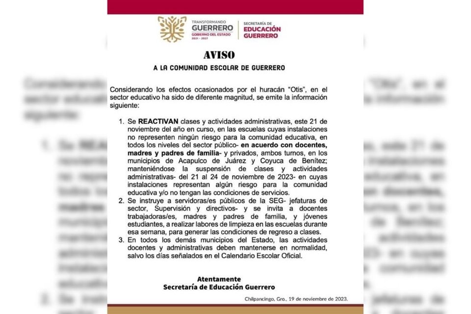 La Gobernadora de Guerrero, Evelyn Salgado, anunció regreso a clases en Acapulco, pero sólo en planteles que no registren daños por 'Otis'.