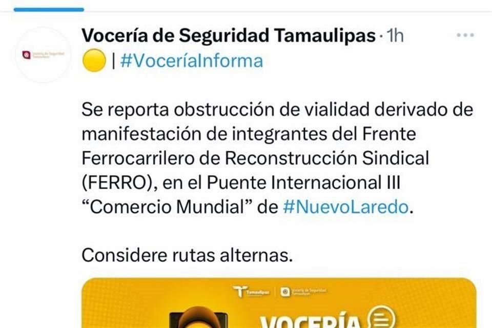 La Vocería de Seguridad Pública de Tamaulipas advirtió del bloqueo a través de sus redes sociales.