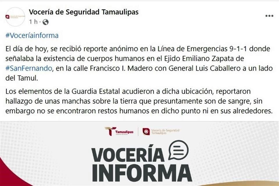 la Vocería de Seguridad informó que no encontraron restos humanos en el punto señalado.