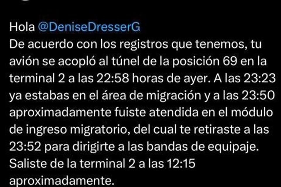 Desde su cuenta, el AICM le contestó a la politóloga.