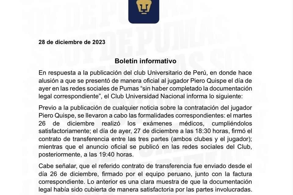 El Club Universidad emitió este boletín para aclarar la situación del volante peruano.