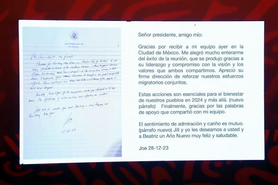 AMLO mostró una carta de su homólogo estadounidense Joe Biden en la que le agradece el reforzamiento de los esfuerzos migratorios conjuntos.