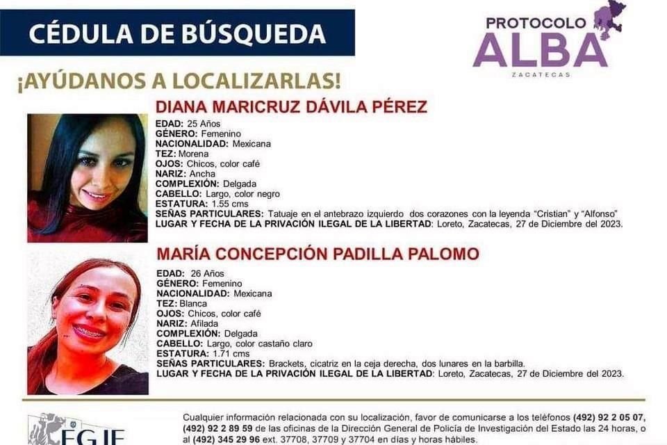 Dos de los tres secuestrados en Loreto, Zacatecas, son mujeres.