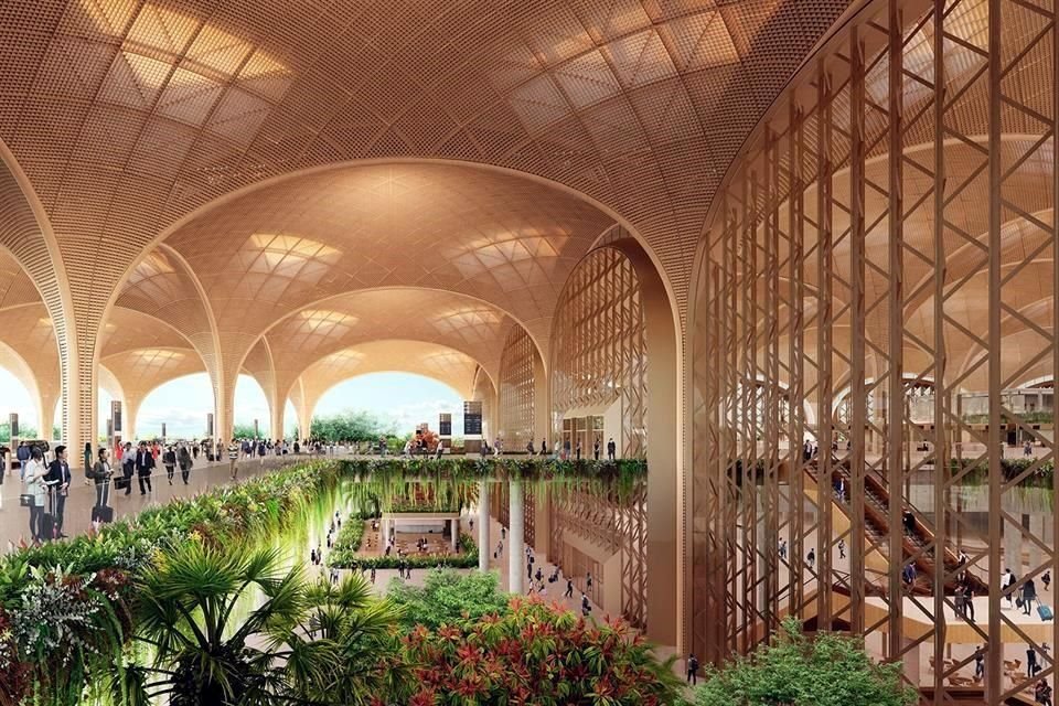 El techo es una estructura de rejilla de acero liviana, con una pantalla innovadora que filtra la luz del día e ilumina el vasto espacio de la terminal.