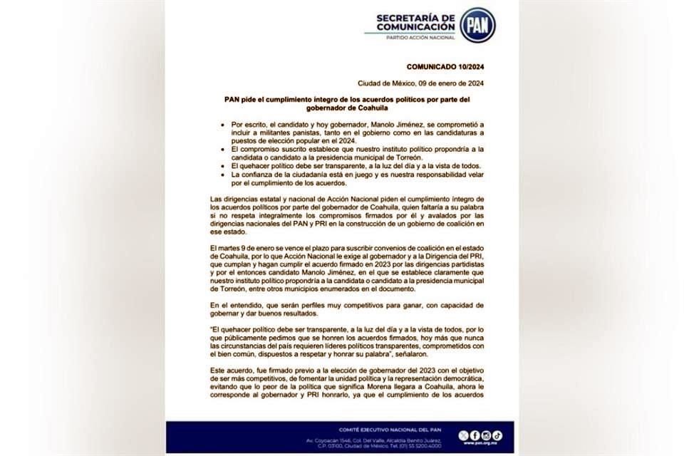 Las dirigencias estatal y nacional de Acción Nacional pidieron el cumplimiento íntegro de los acuerdos políticos por parte del Gobernador de Coahuila.