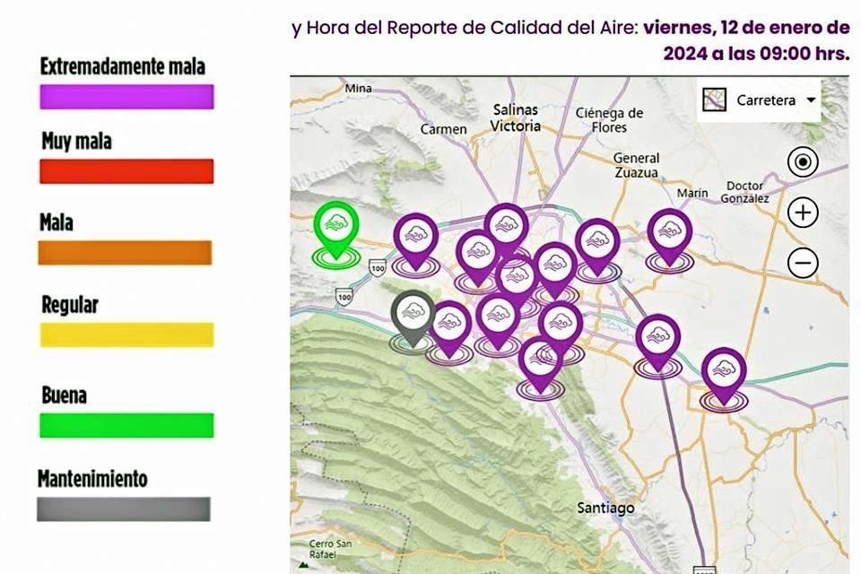 El mapa de monitoreo ambiental registró calidad extremadamente mala durante gran parte del día.