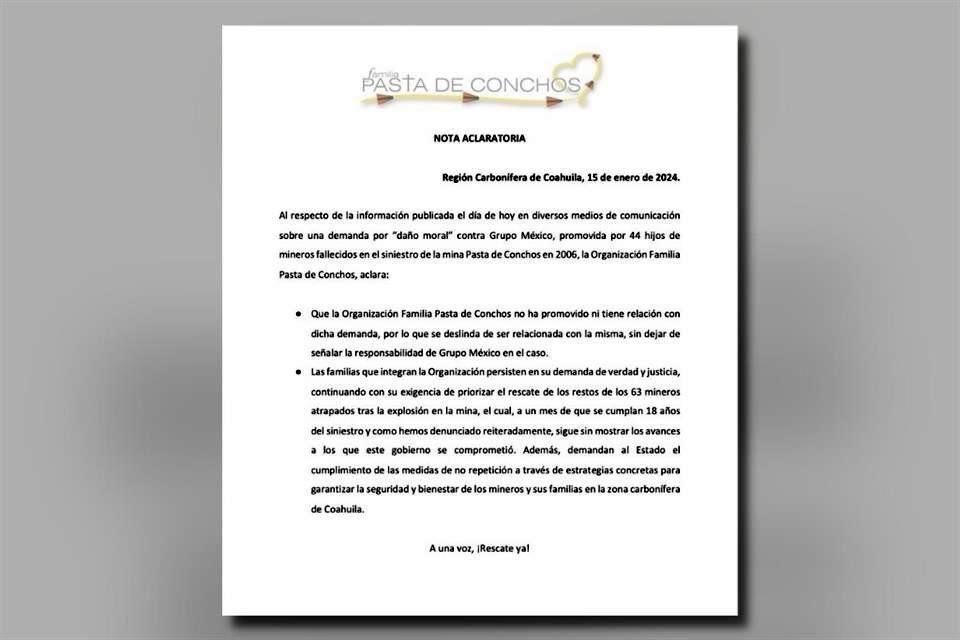 Mediante un comunicado, la Organización Familia Pasta de Conchos se deslinda de la demanda que se interpuso contra Grupo México.