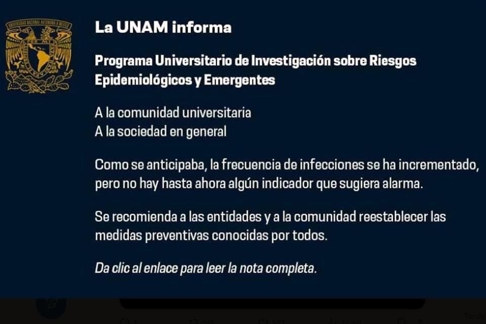 En un comunicado, la Máxima Casa de Estudios advirtió sobre el incremento de enfermedades respiratorias.