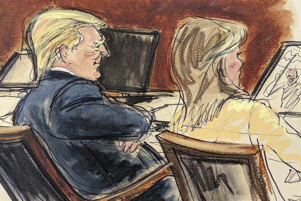 Dibujo de la corte que muestra a Donald Trump sentado junto a su abogada Alina Habba, en Nueva York, el 17 de enero del 2024.