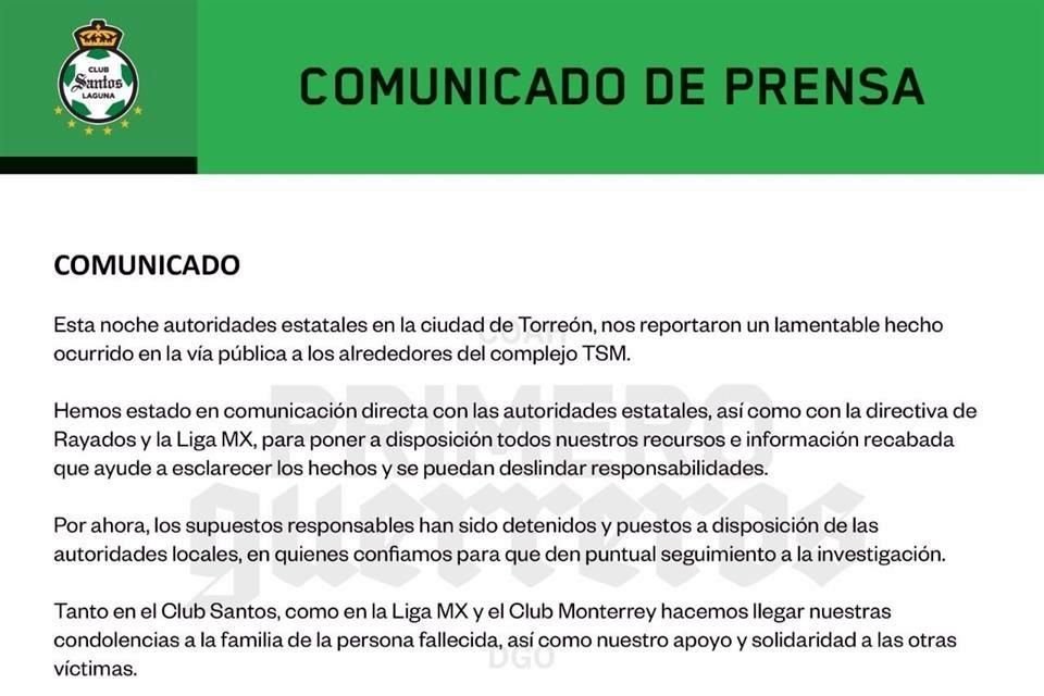 El Club Santos y la Liga MX se pronunciaron sobre el hecho en un comunicado.