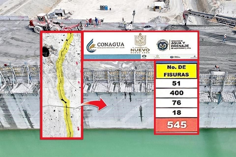 Las grietas se observan en la cortina de la Presa Libertad en construcción. Las 545 fisuras fueron reportadas por la Coordinación del Proyecto.