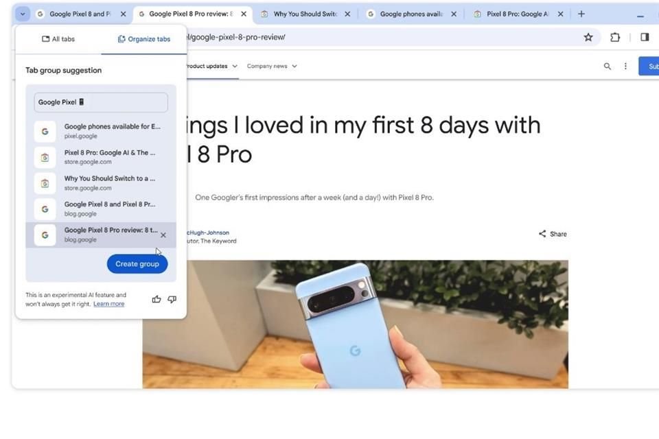 Una de las funciones es organización de pestañas. Aquí, la IA sugerirá crear grupos de pestañas que tengan el mismo contenido.