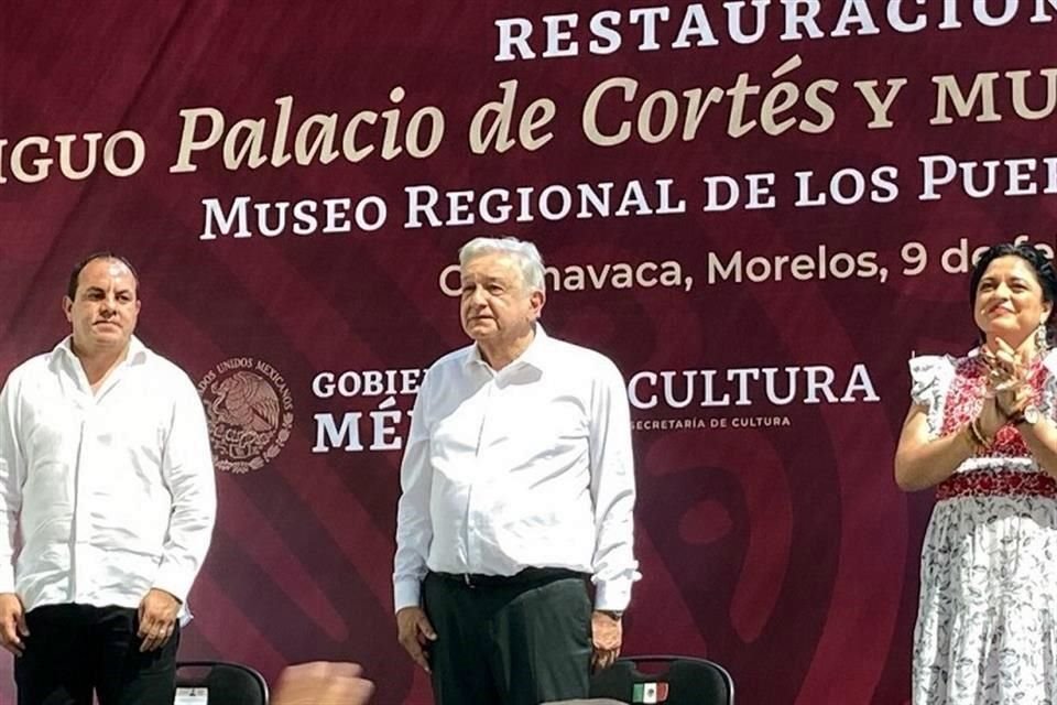 El Presidente López Obrador inauguró la restauración de un mural de Diego Rivera y del antiguo Palacio de Hernán Cortés, en Cuernavaca, Morelos, dañados por el sismo de 2017.