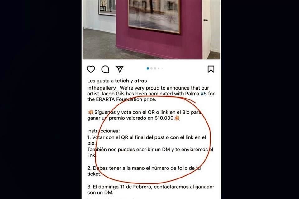 Imagen que muestra el incentivo que ofrecía la galería danesa en Instagram a quienes votaran por la pieza de Gils; después borró la evidencia.