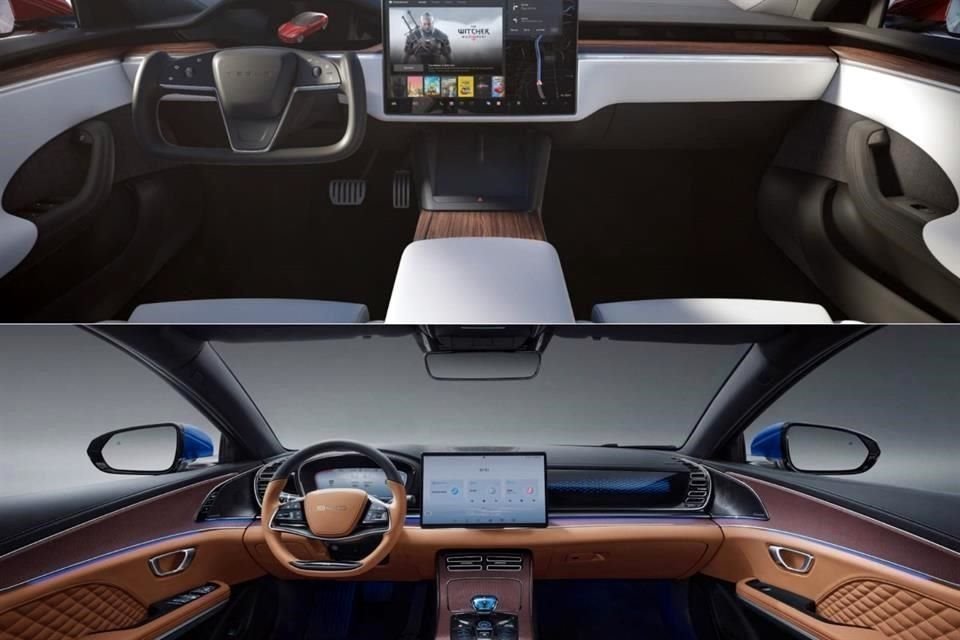 Tesla integra una pantalla de 17', mientras que BYD coloca una pantalla giratoria de 15.6'.