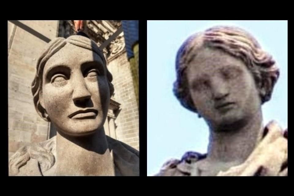 La reciente restauración de la escultura 'Esperanza', de Manuel Tolsá, en la Catedral Metropolitana, es una afrenta al autor, consideró el arquitecto Salvador Aceves. A la izquierda, la escultura con el nuevo rostro; a la derecha, una imagen de la obra como fue concebida originalmente.