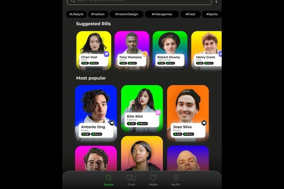 Este es un ejemplo de la interfaz de Rili en smartphones. En la opción Explorar, es posible encontrar a diferentes creadores enfocados en distintas temáticas.