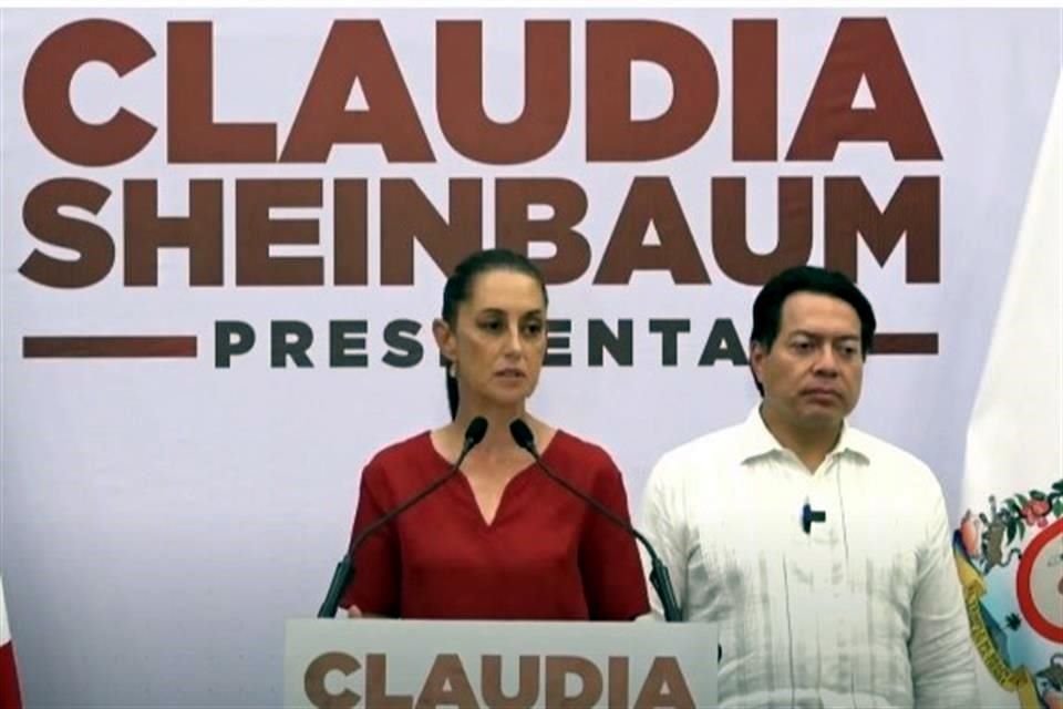 Sheinbaum y Mario Delgado en conferencia en Manzanillo, Colima.