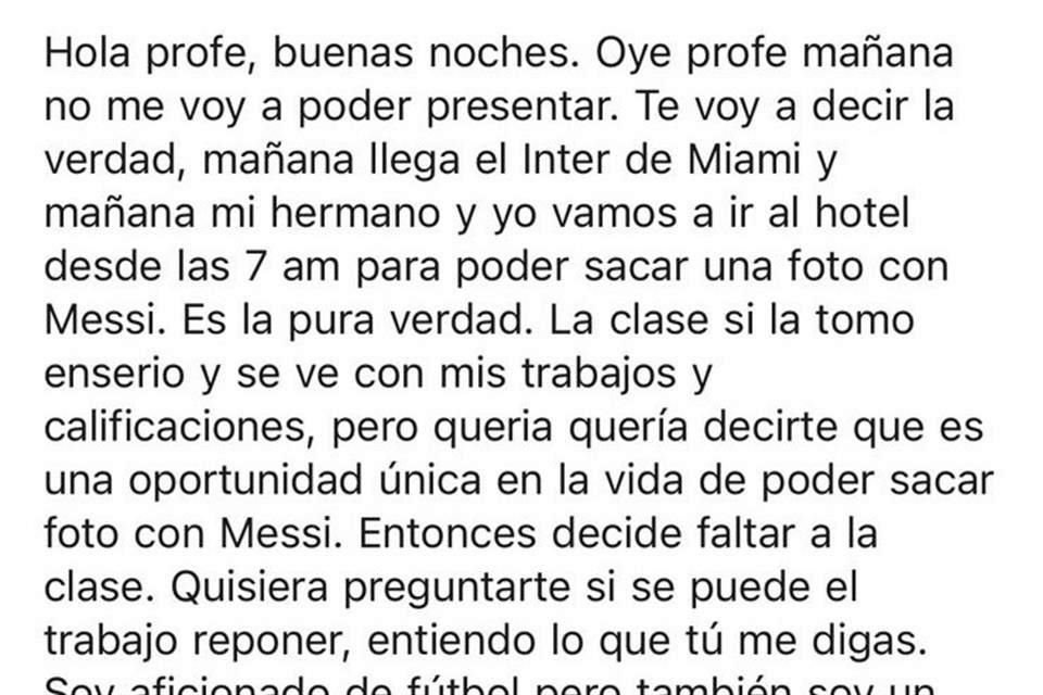 Un estudiante de la UdeM avisó a su maestro de Finanzas que no iría a clases por estar presente en la llegada de Messi.