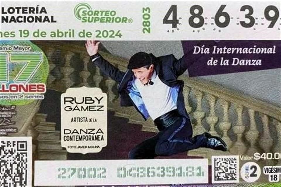 Boleto de Lotería dedicado a Ruby Gámez, quien recientemente cumplió 40 años de trayectoria dancística.