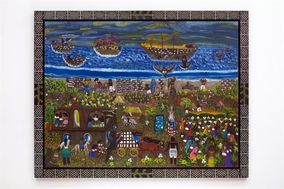 En 'Ex Hacienda de Guadalupe Collantes (2014)', Aydeé Rodríguez López recrea la historia de esclavitud de sus abuelos trabajando en una plantación algodonera.