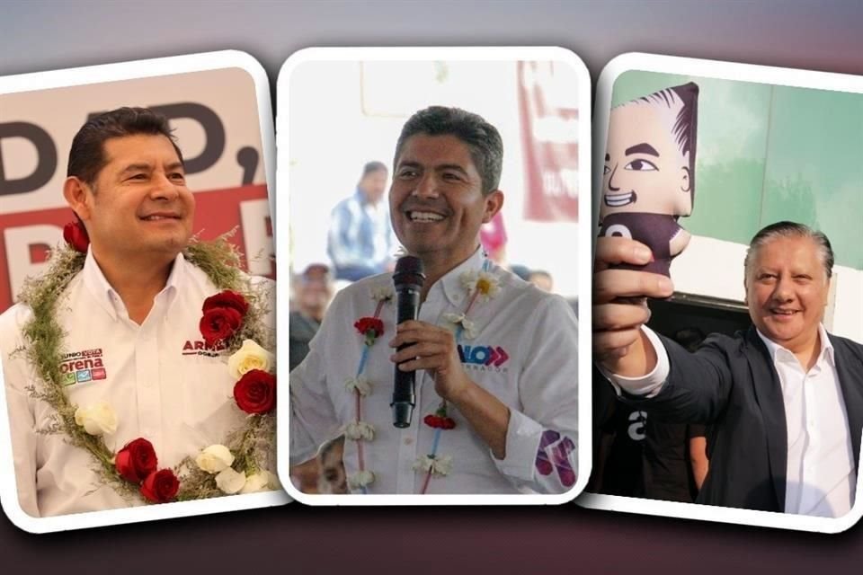 Alejandro Armenta (Morena-PT-PVEM), Eduardo Rivera Pérez (PAN-PRI-PRD-PSI) y Fernando Morales (Movimiento Ciudadano), candidatos a la gubernatura de Puebla.