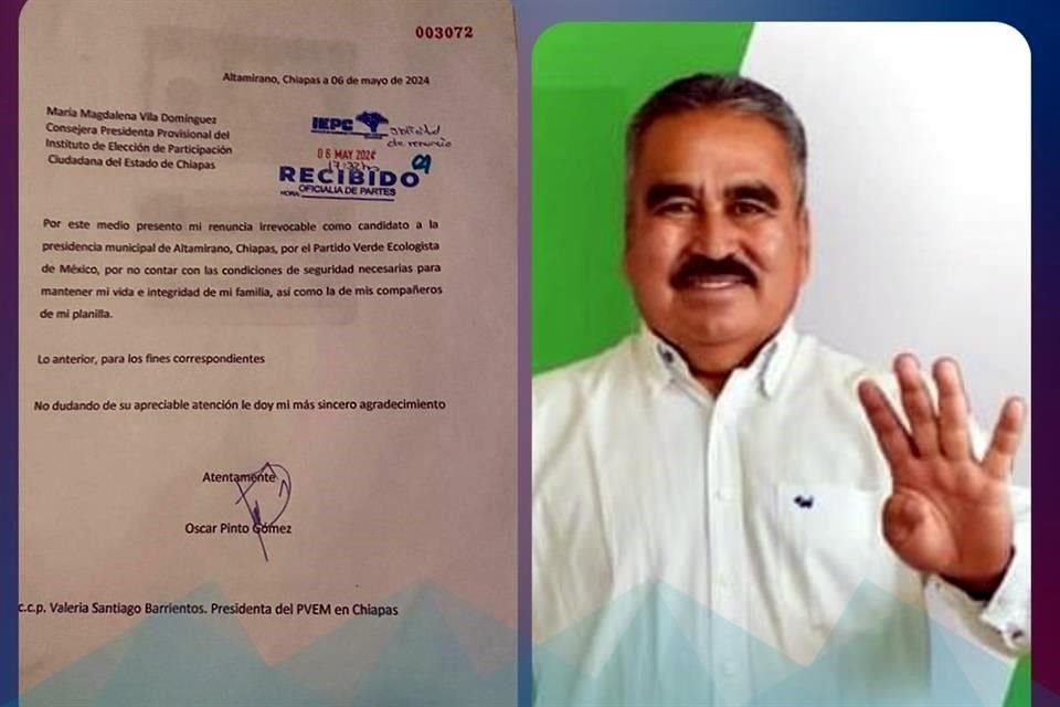 Óscar Pinto Gómez envió un oficio al IEPC de Chiapas en el que informa de su renuncia.