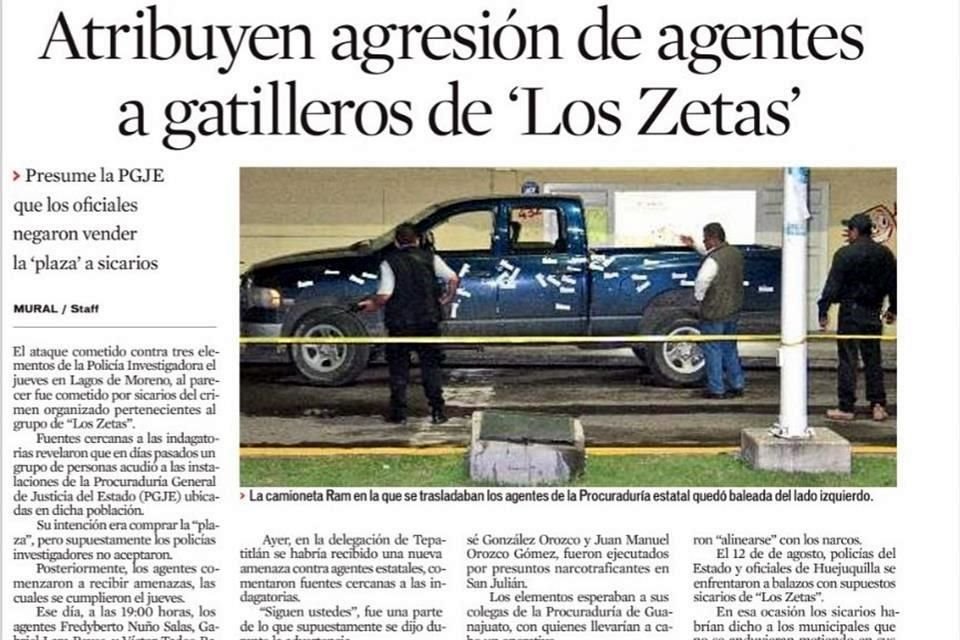 El 28 de agosto de 2008,  Fredyberto Nuño Salas, Gabriel Lara Reyes, y Víctor Tadeo Ramos Gutiérrez, de la entonces PGJE, indagaban el robo de joyas en una casa y trasladaban a un detenido.