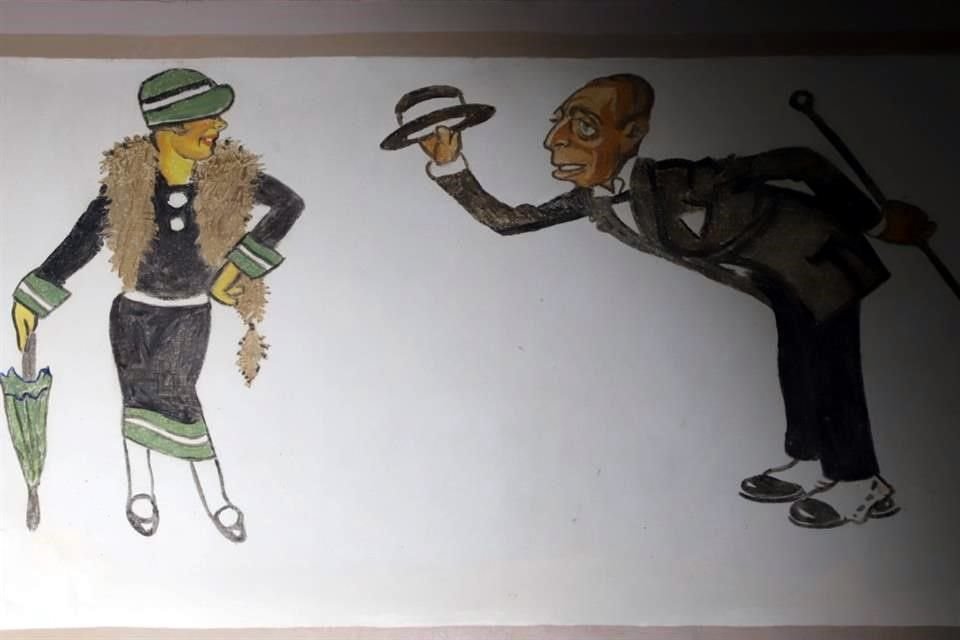 Entre los personajes destaca una mujer de elegante atavío.