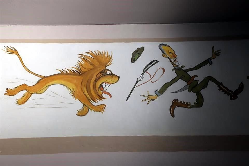 También se puede apreciar un cazador, que en una escena chusca huye de un León.