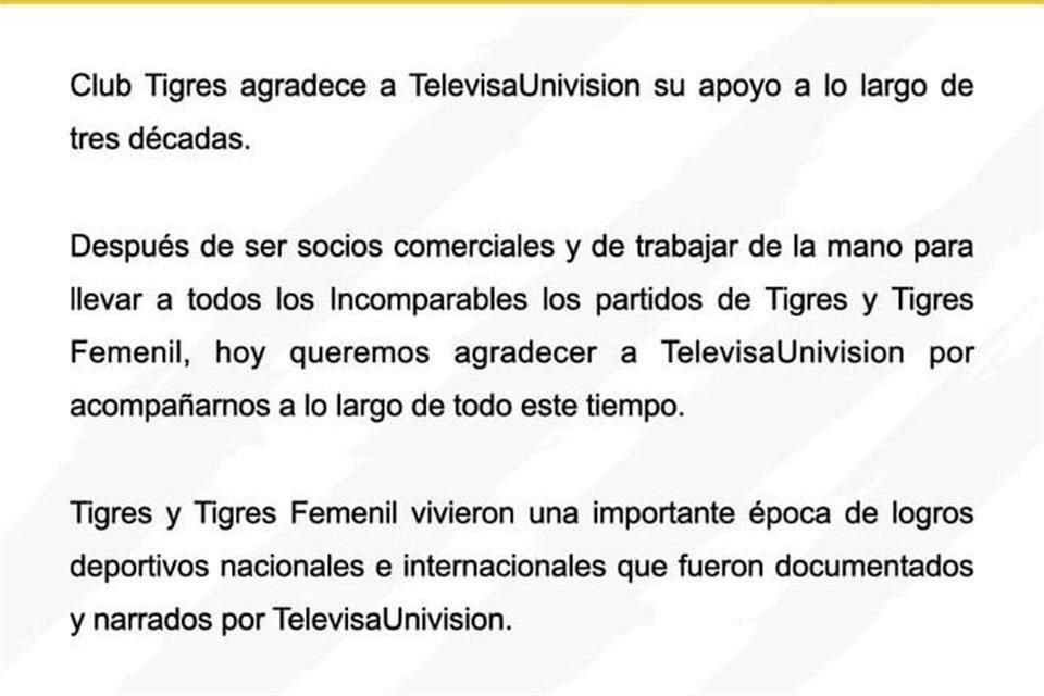 Así anunció Tigres su desvinculación de Televisa.