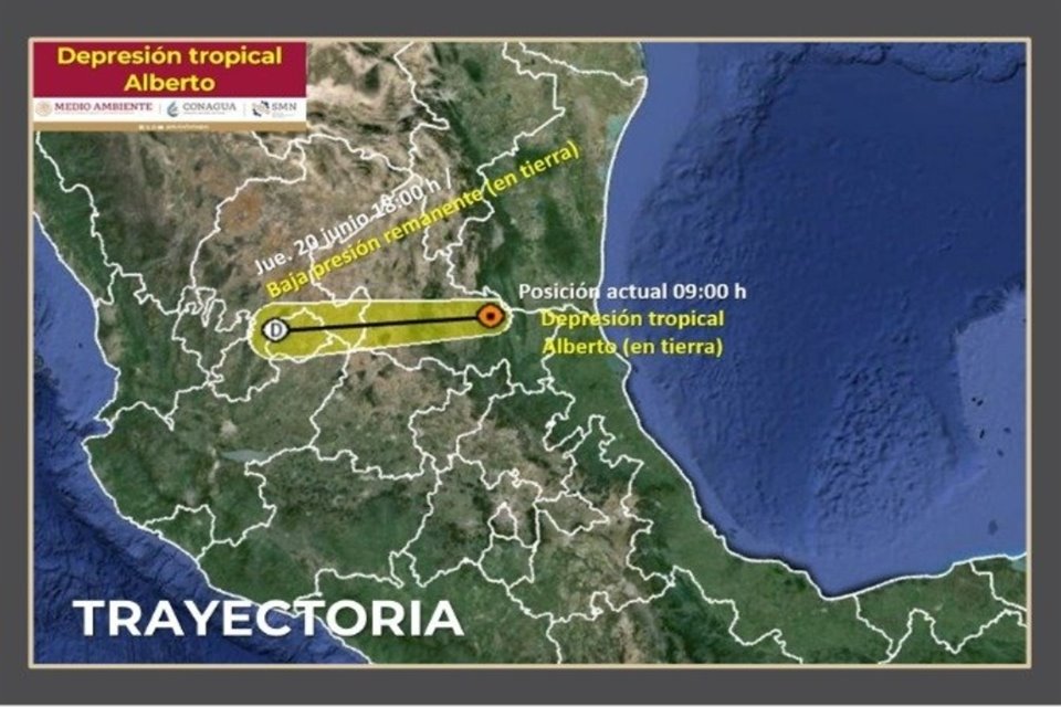 'Alberto' se degradó a Depresión Tropical y se localiza en tierra sobre San Luis Potosí; siguen lluvias en varios estados