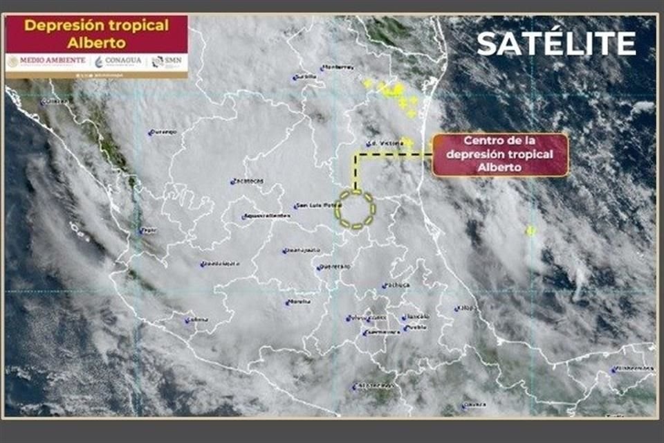 Esta mañana 'Alberto' ahora como Depresión Tropical se localiza en tierra sobre SanLuisPotosí.