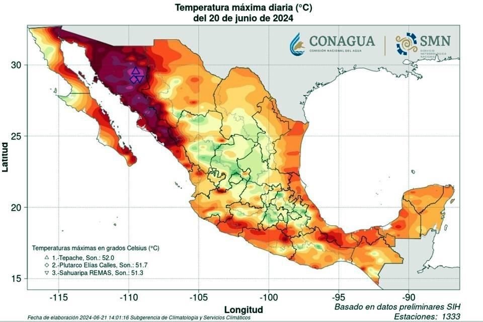 La temperatura más alta fue notificada en Tepache, no obstante, en el municipio sonorense de Plutarco Elías Calles se alcanzó los 51.7 °C y en Sahuaripa llegaron a 51.3.