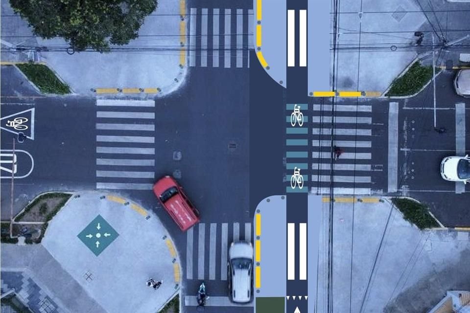 La banqueta es extendida, por lo que los radios de giro de los automovilistas son más amplios; la ciclovía queda resguardada por los pasos peatonales.