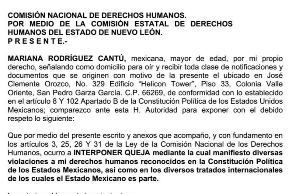 En la queja, difundida por el equipo del Gobernador electo, Mariana Rodríguez alude también violaciones a sus derechos político electorales.