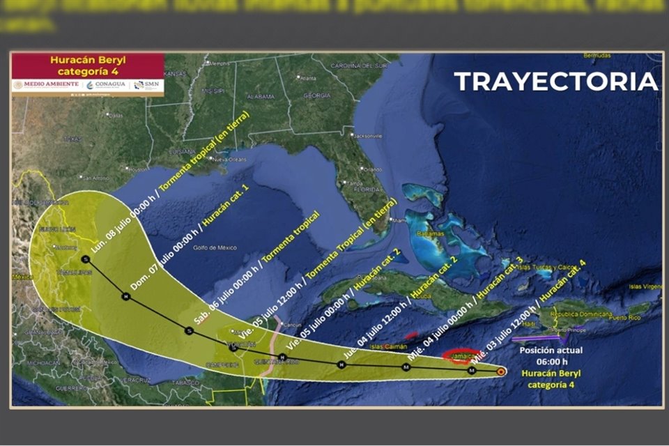 La Coordinadora Nacional de PC informó que 'Beryl' se dirige hacia la Península de Yucatán y tocará tierra entre Tulum y Carrillo Puerto.