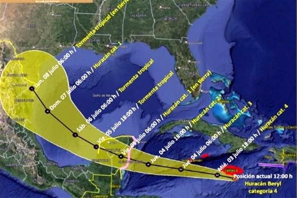 Posible trayectoria del huracán 'Beryl'.