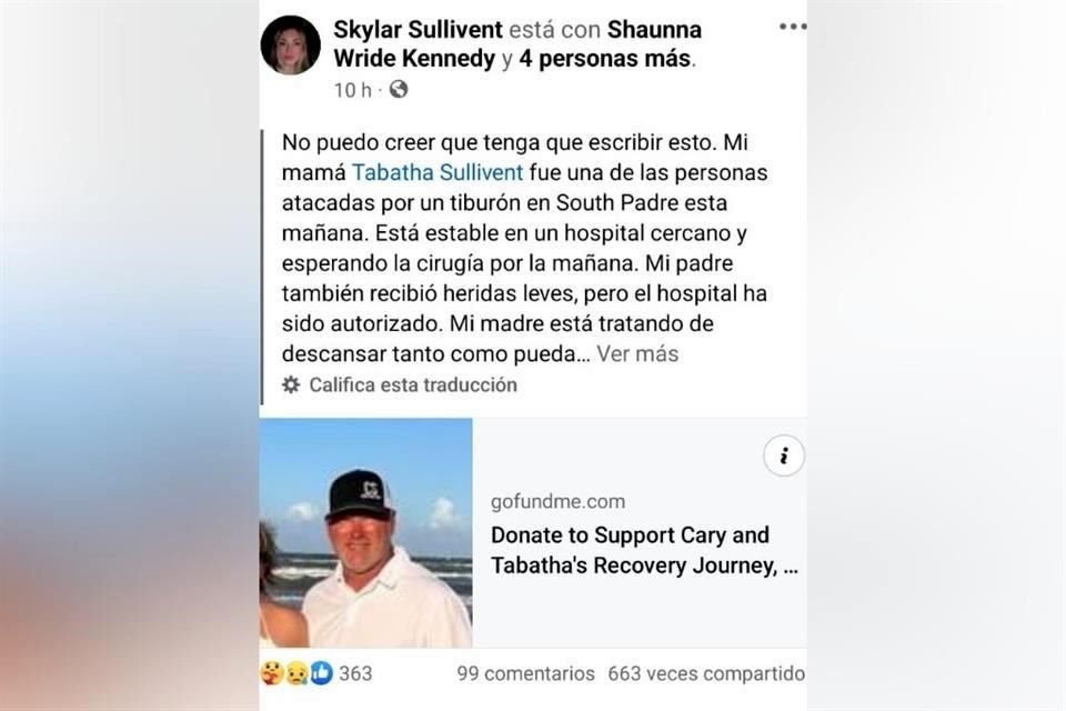 La hija de Tabatha Sullivent informó a través de redes sociales que su mamá permanece estable tras el ataque del tiburón. Su padre también sufrió heridas menores.