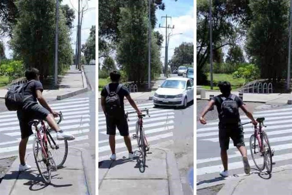 SÓLO, TOREANDO El ciclista pretende entrar al carril compartido. Igual que lo hacen los peatones, llega (1), espera a que haya espacio (2) y debe correr para cruzar (3).