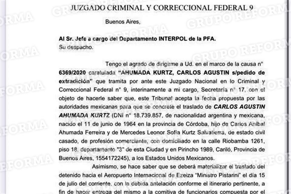 Según el documento, el juzgado instruyó a la Interpol Argentina devolver a Ahumada todos los objetos personales que le aseguraron tras su deportación de Panamá.